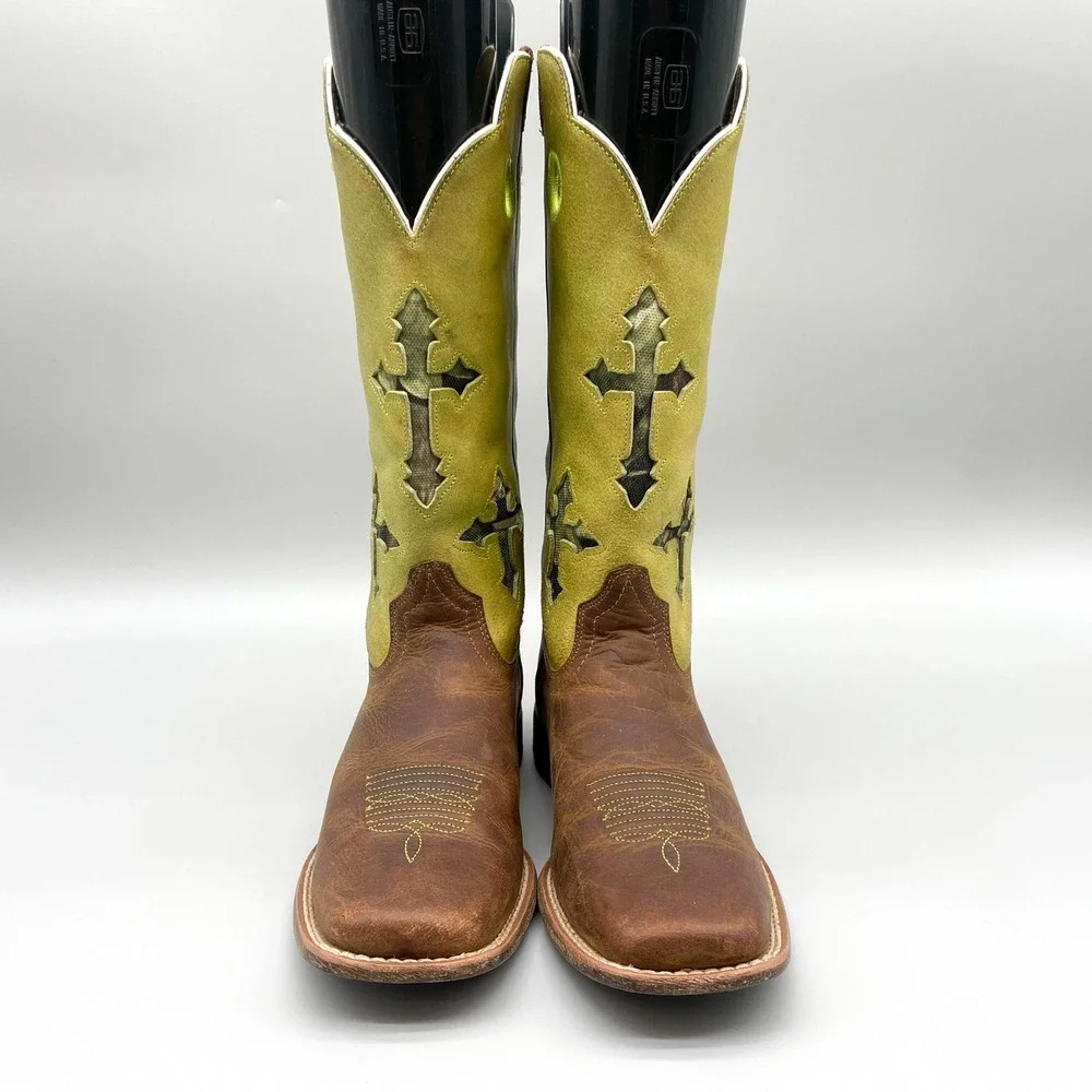 Ariat Kids Size 2 Brown Leather Lime Green Suede Camo Cross Western Boots